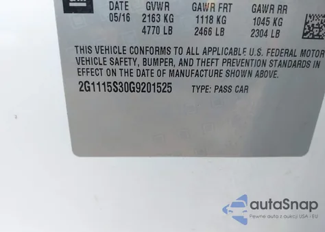 2016 Chevrolet Impala 2Lt from USA, damaged, VIN 2G1115S30G9201525